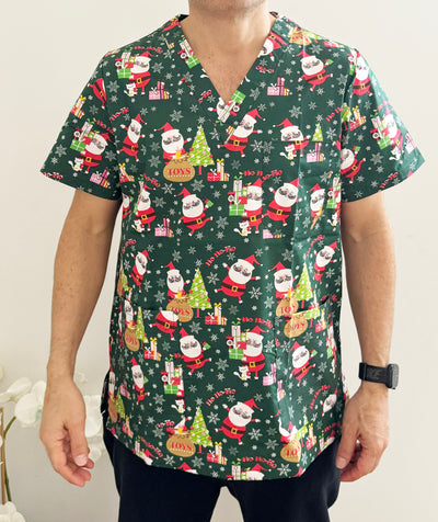 Christmas Unisex Printed Scrubs - Green Santa Toys