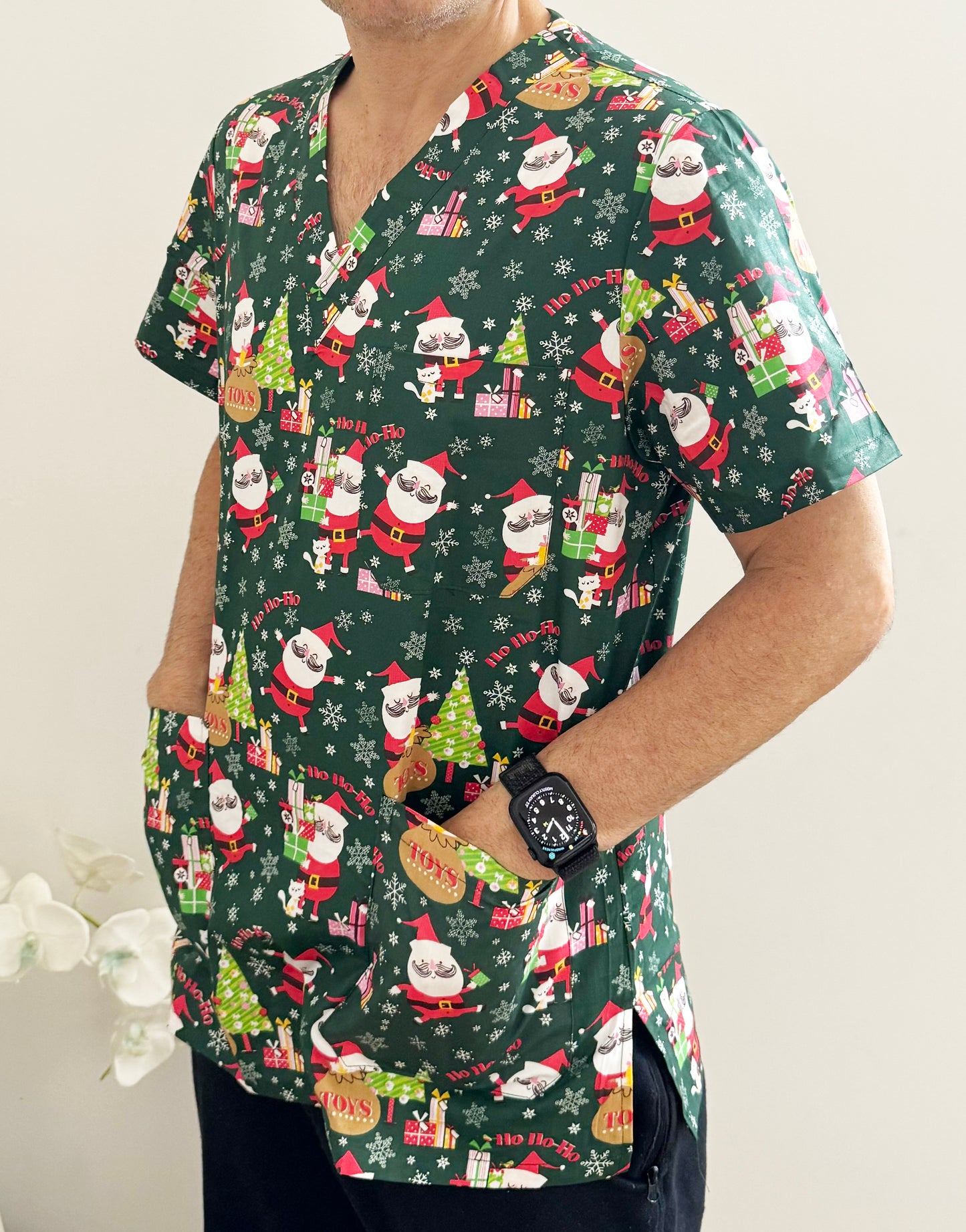 Christmas Unisex Printed Scrubs - Green Santa Toys