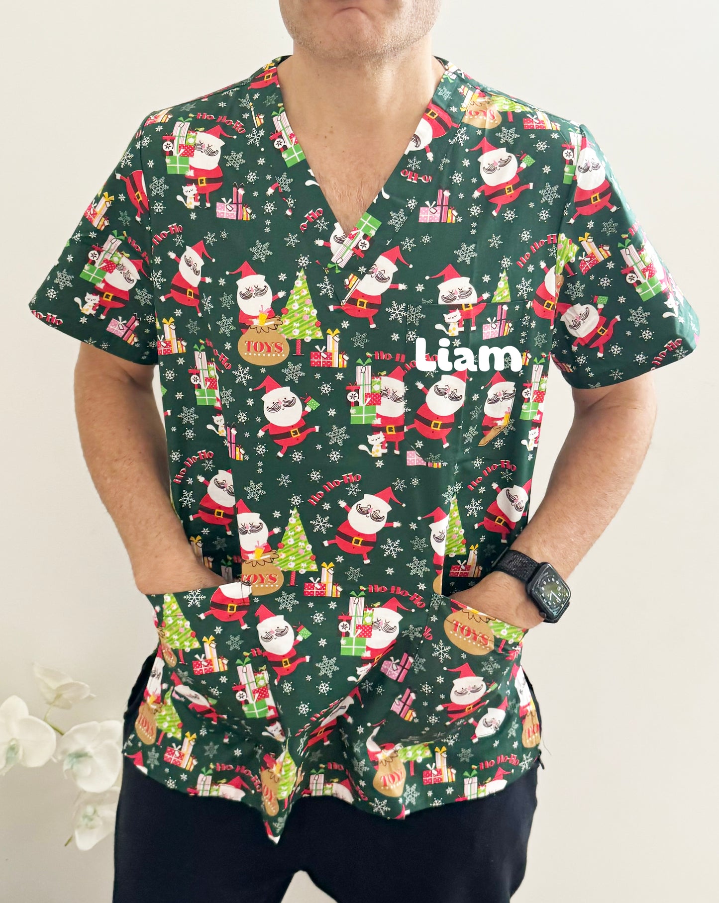 Christmas Unisex Printed Scrubs - Green Santa Toys