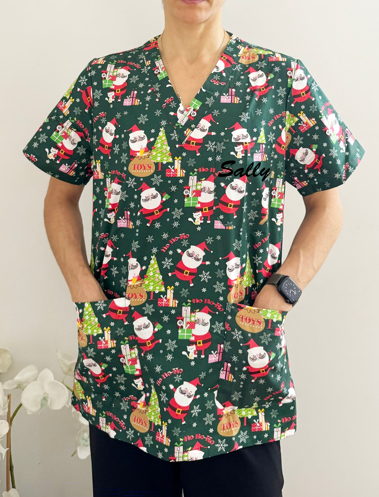 Christmas Unisex Printed Scrubs - Green Santa Toys