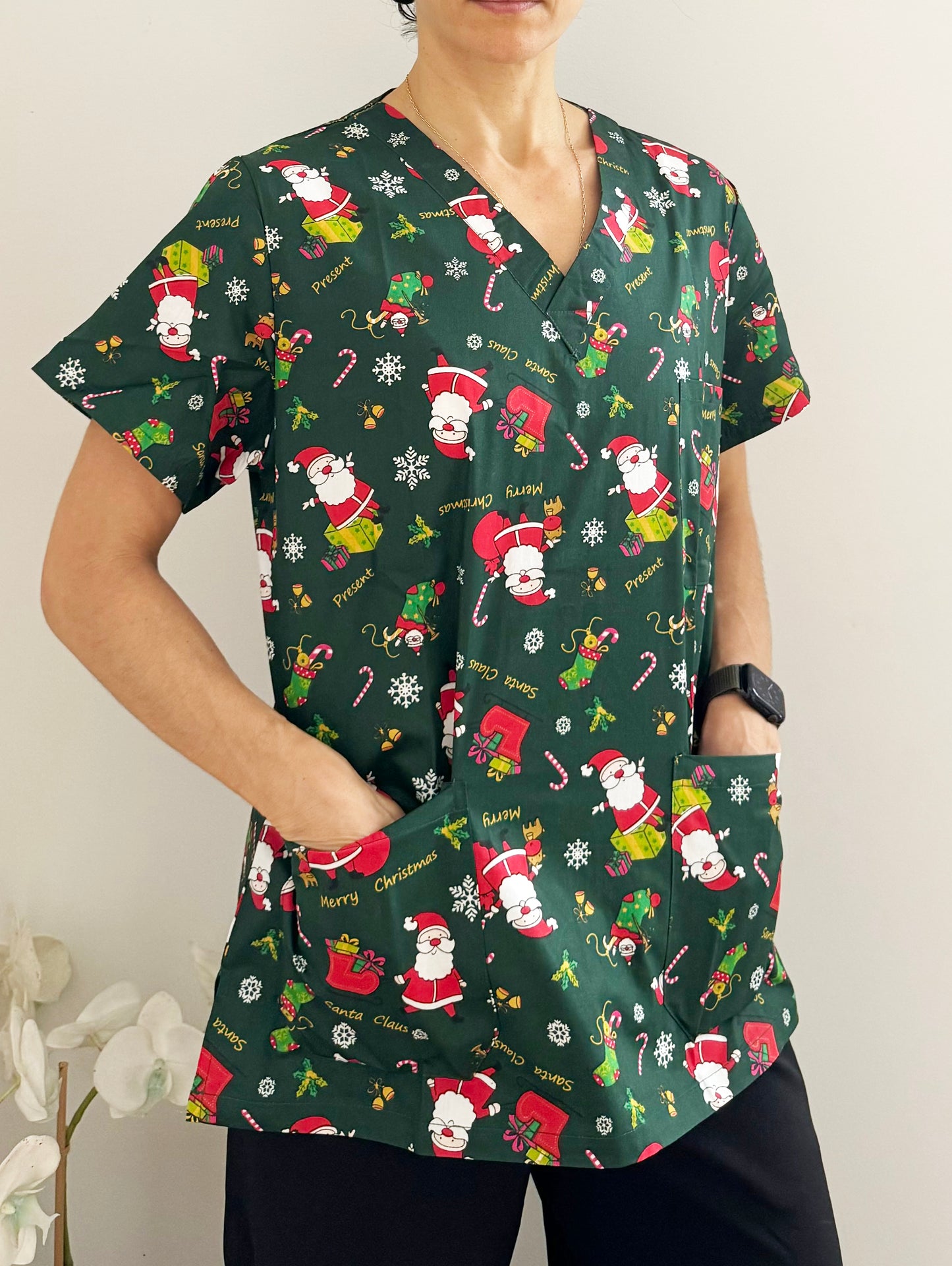 Christmas Unisex Printed Scrubs - Green Santa Claus