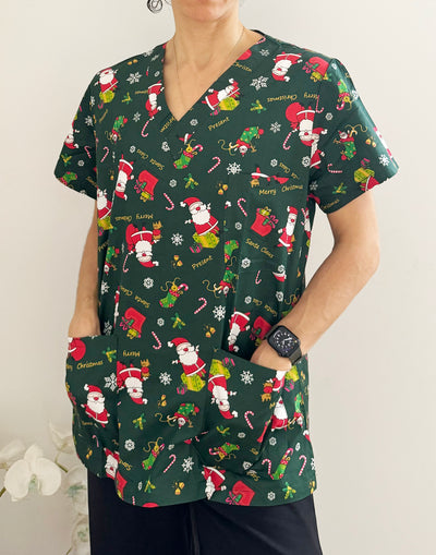 Christmas Unisex Printed Scrubs - Green Santa Claus