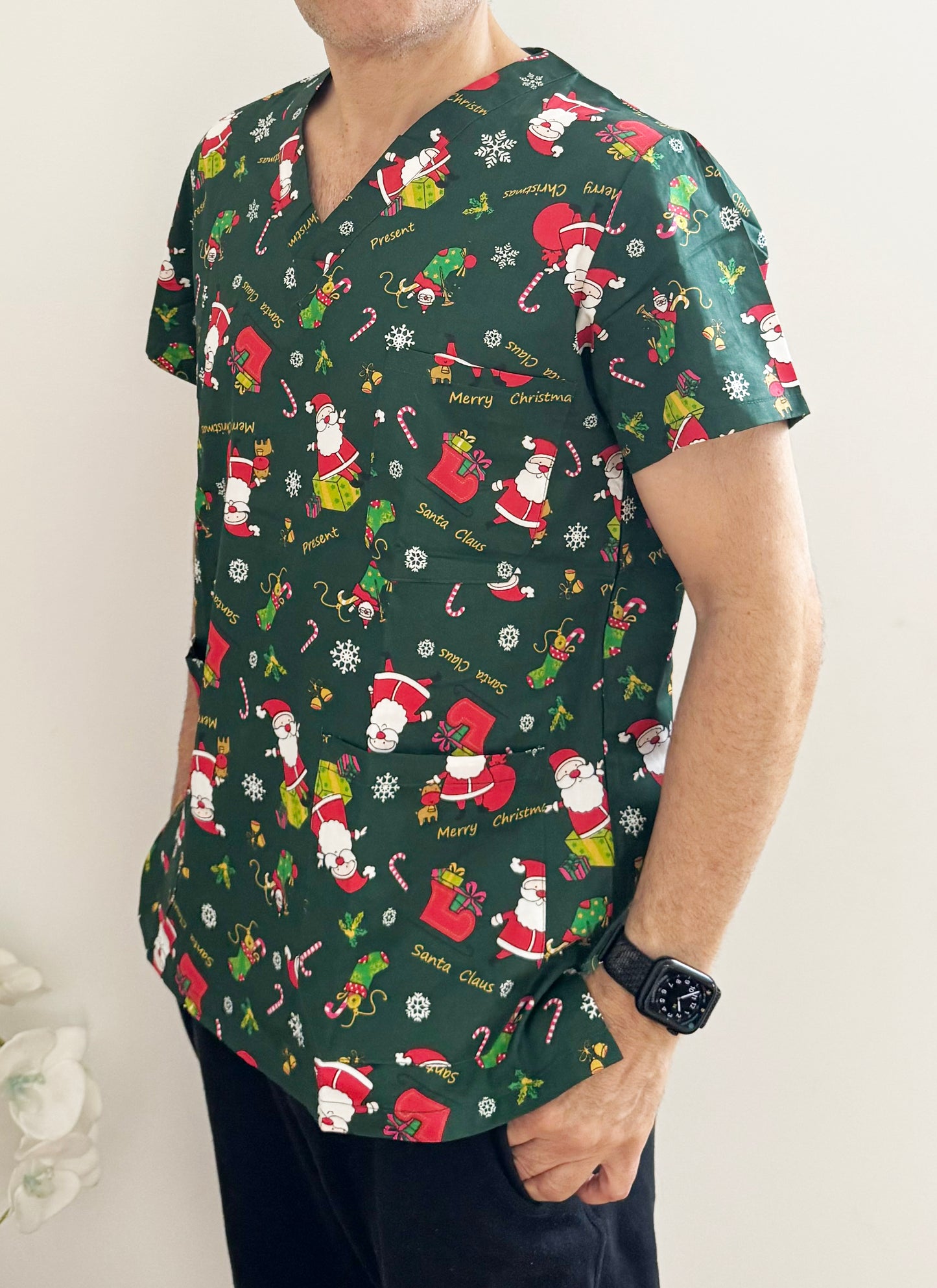 Christmas Unisex Printed Scrubs - Green Santa Claus