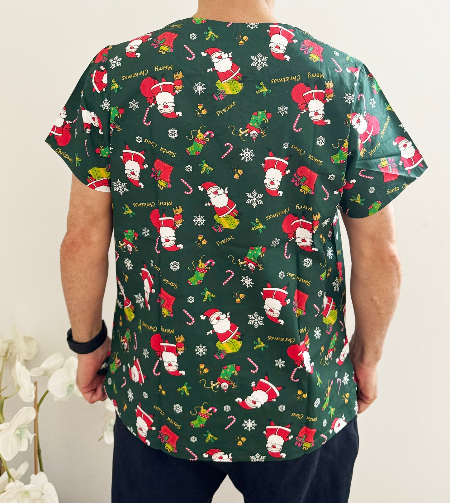 Christmas Unisex Printed Scrubs - Green Santa Claus