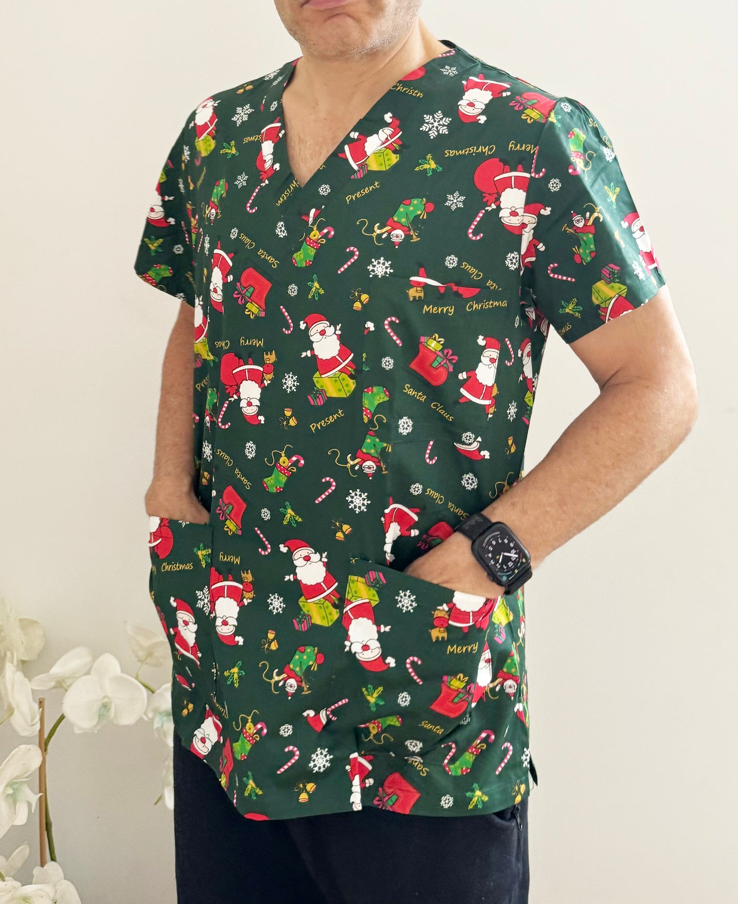 Christmas Unisex Printed Scrubs - Green Santa Claus