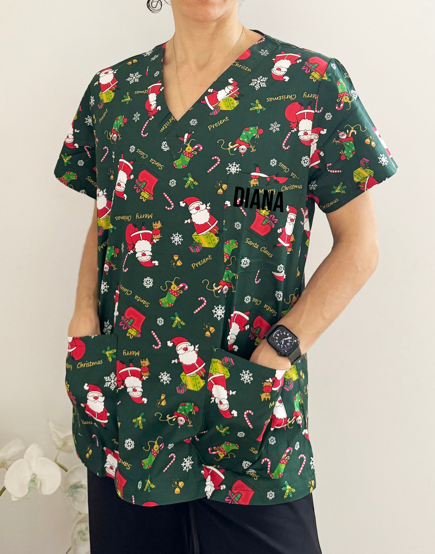 Christmas Unisex Printed Scrubs - Green Santa Claus