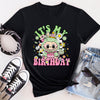 Mint green Labubu birthday party t-shirt featuring monster character design with balloon and gift details.