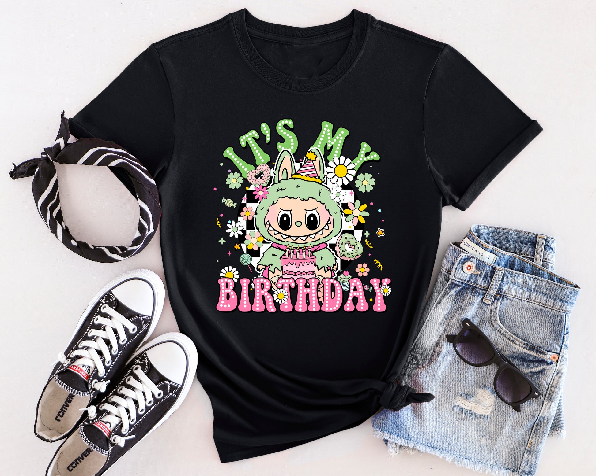 Mint green Labubu birthday party t-shirt featuring monster character design with balloon and gift details.