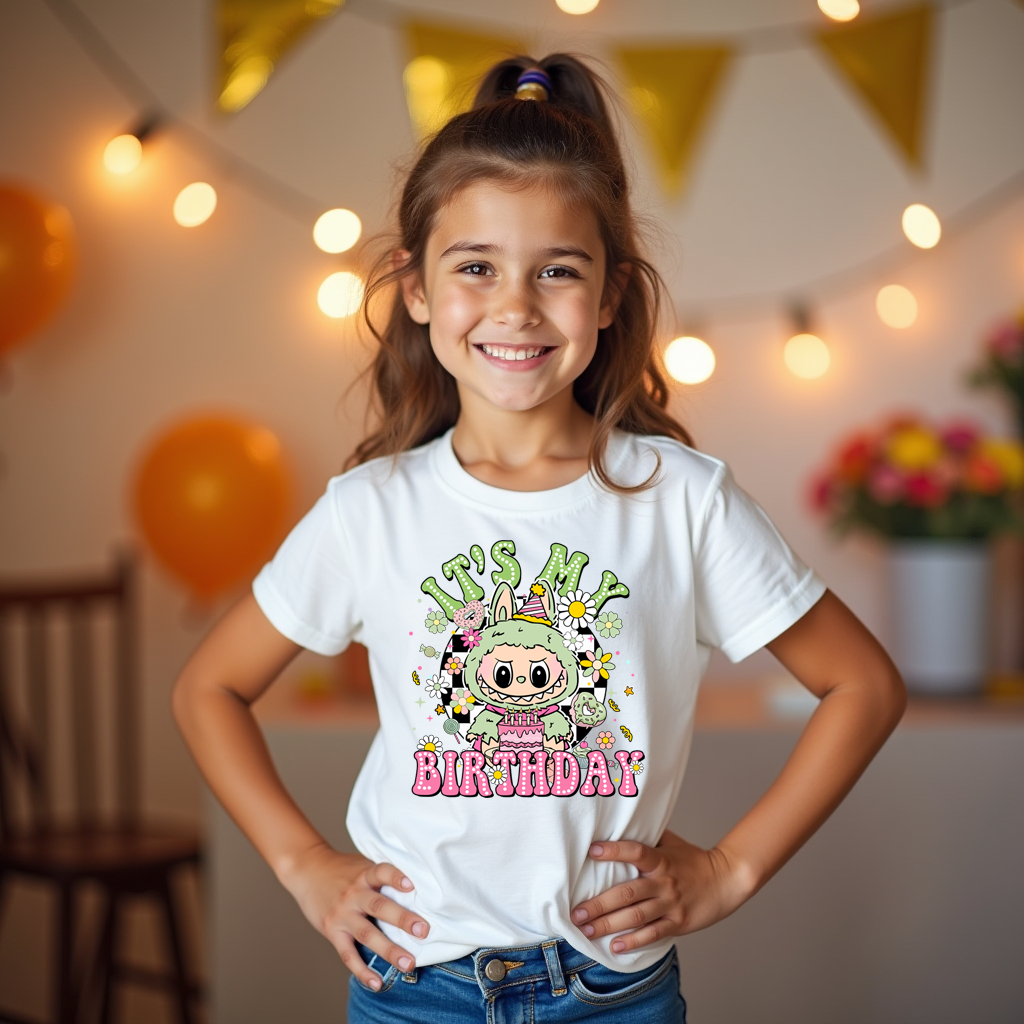 Labubu-inspired t-shirt in “Minty Fresh” colour theme, perfect for kids' birthdays and character lovers.