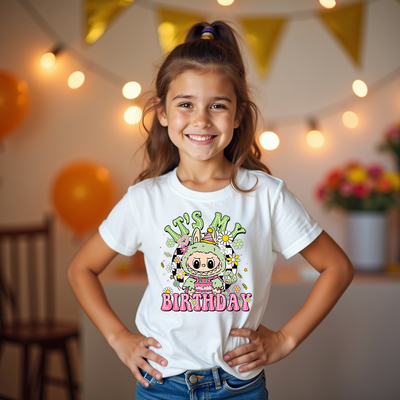 Labubu-inspired t-shirt in “Minty Fresh” colour theme, perfect for kids' birthdays and character lovers.