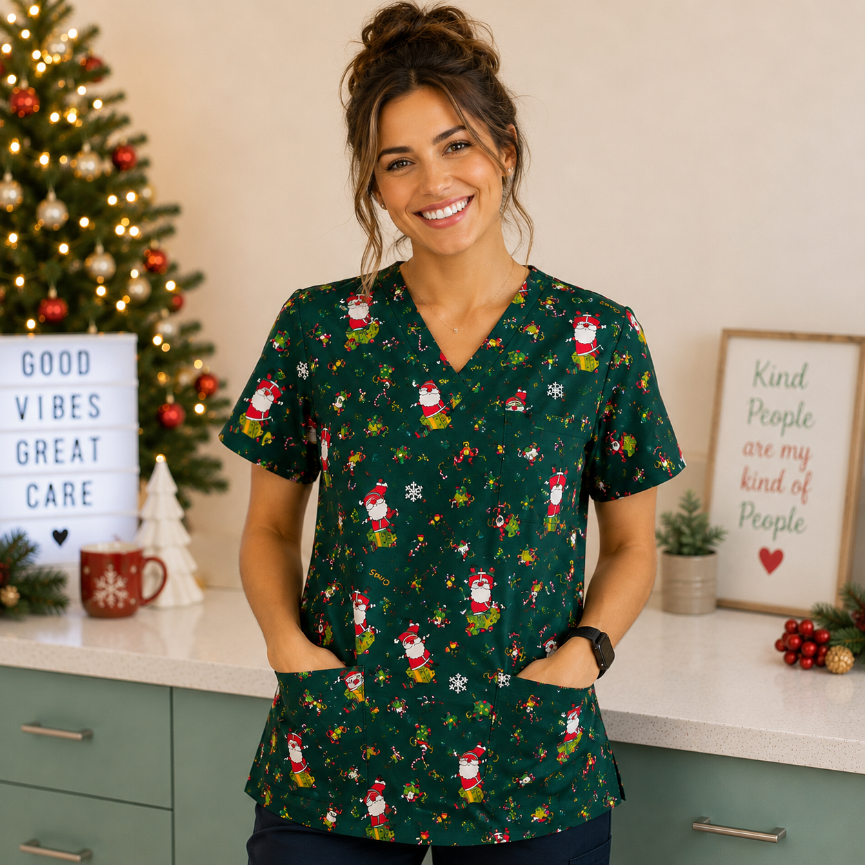 Woman wearing a festive scrub top with Christmas-themed design in a kitchen setting.