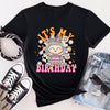 Silver Storm Labubu birthday party t-shirt featuring monster character design with balloon and gift details.
