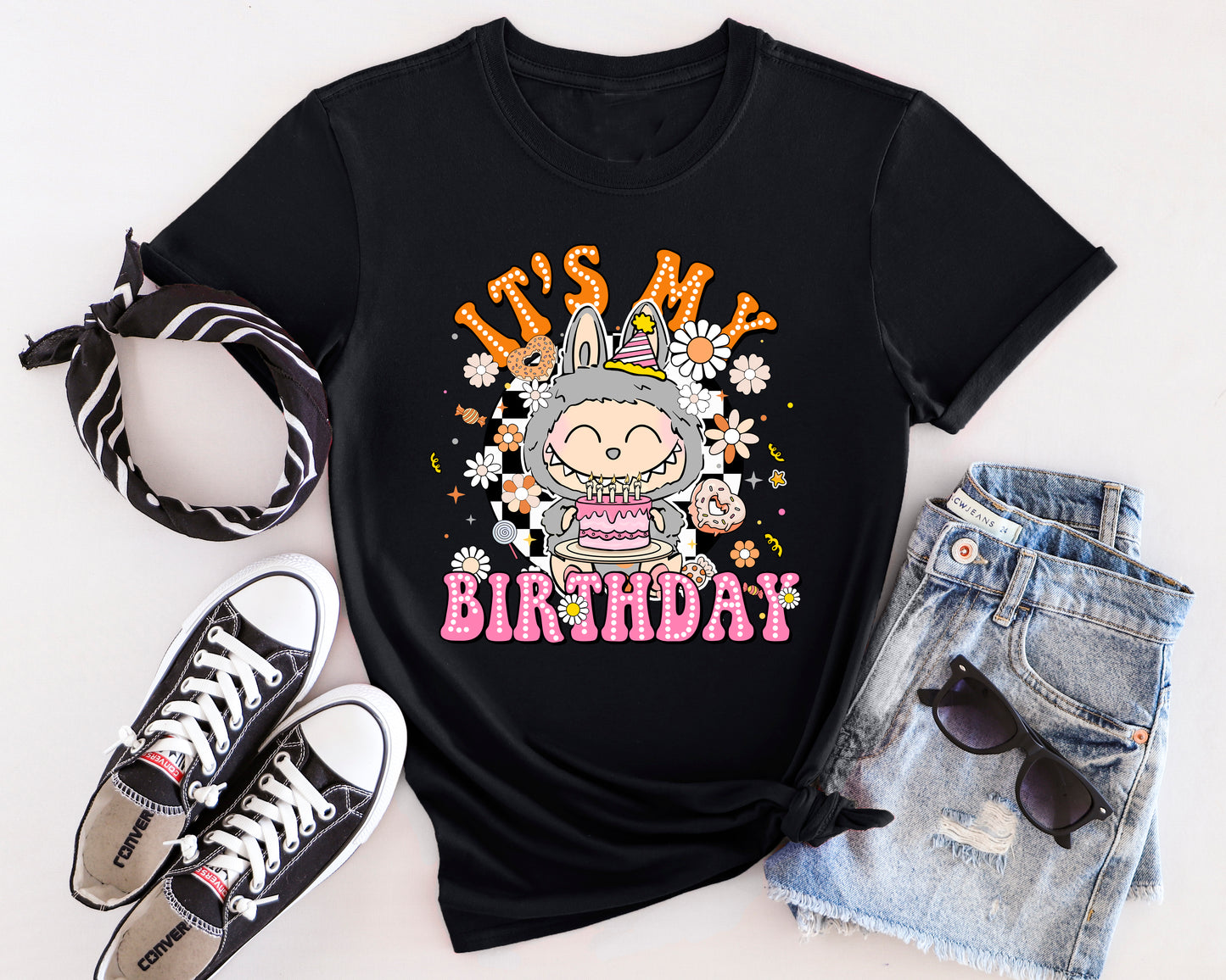 Silver Storm Labubu birthday party t-shirt featuring monster character design with balloon and gift details.