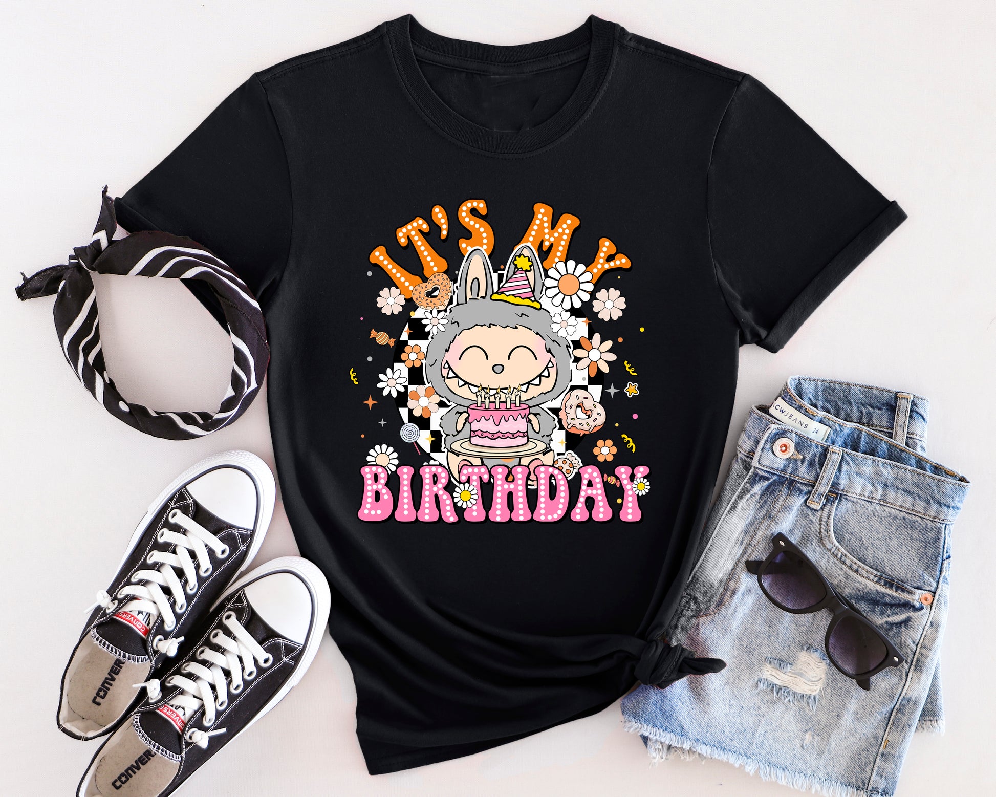 Silver Storm Labubu birthday party t-shirt featuring monster character design with balloon and gift details.