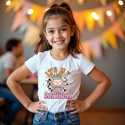 Labubu-inspired t-shirt in “Silver Storm” colour theme, perfect for kids' birthdays and character lovers.