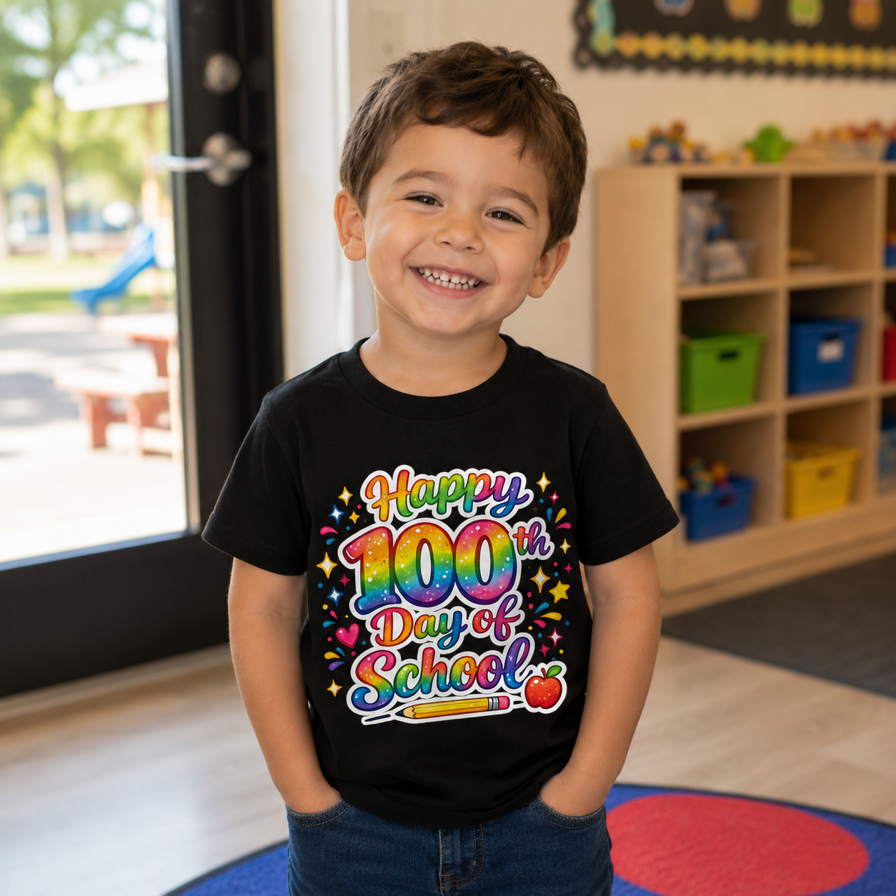 A young boy smiling in a classroom, wearing a black t-shirt with a colorful 'Happy 100th Day of School' graphic print.
