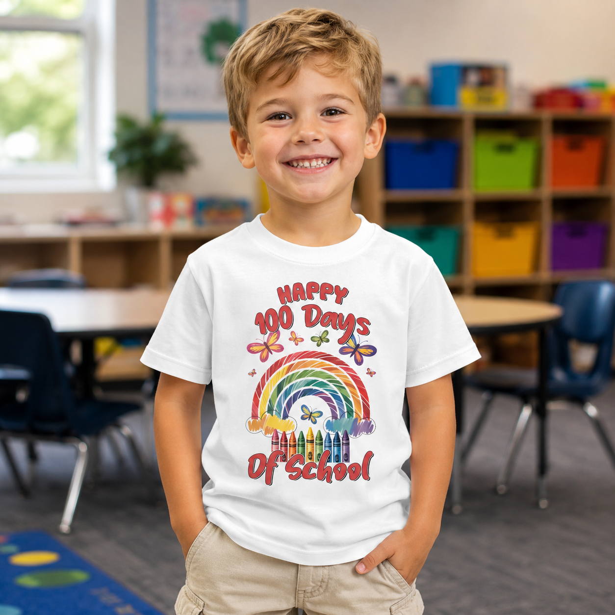 A young boy smiling in a classroom, wearing a white t-shirt with a colorful graphic that reads 'Happy 100 Days Of School' with a rainbow and crayons.