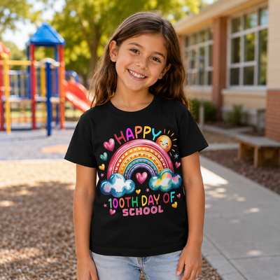 A young girl smiling outdoors in front of a school playground and building, wearing a black graphic T-shirt that reads 'HAPPY 100TH DAY OF SCHOOL' with a colorful rainbow, clouds, hearts, and stars.