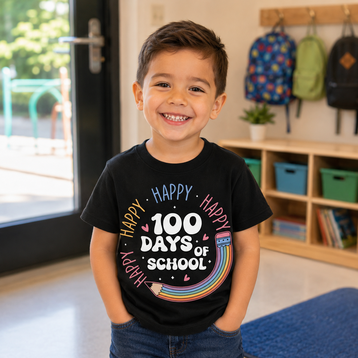 A young boy smiling in a school classroom, wearing a black graphic t-shirt that reads 'HAPPY 100 DAYS OF SCHOOL' with a rainbow and pencil design.