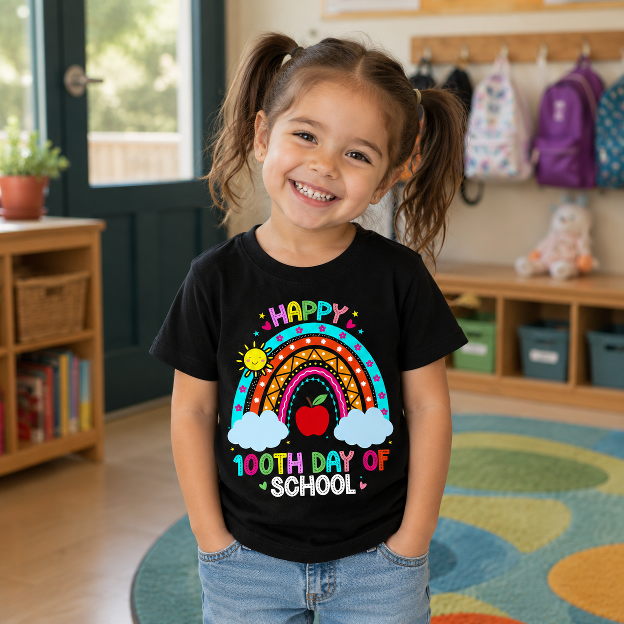 A young girl with pigtails smiling while wearing a black t-shirt that features a colorful 'Happy 100th Day of School' rainbow graphic. She is standing in a brightly lit classroom or playroom with wooden shelves, storage bins, and a colorful rug.