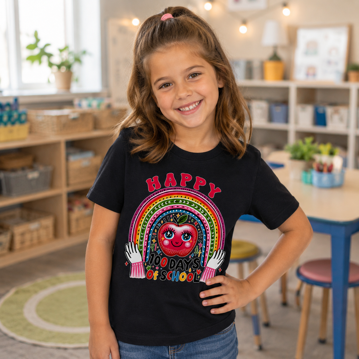 A young girl smiling in a classroom, wearing a black graphic t-shirt with a colorful rainbow and the words 'HAPPY NO DAY IS BORING!' printed on the front.