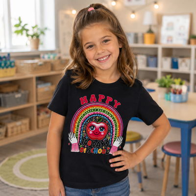 A young girl smiling in a classroom, wearing a black graphic t-shirt with a colorful rainbow and the words 'HAPPY NO DAY IS BORING!' printed on the front.