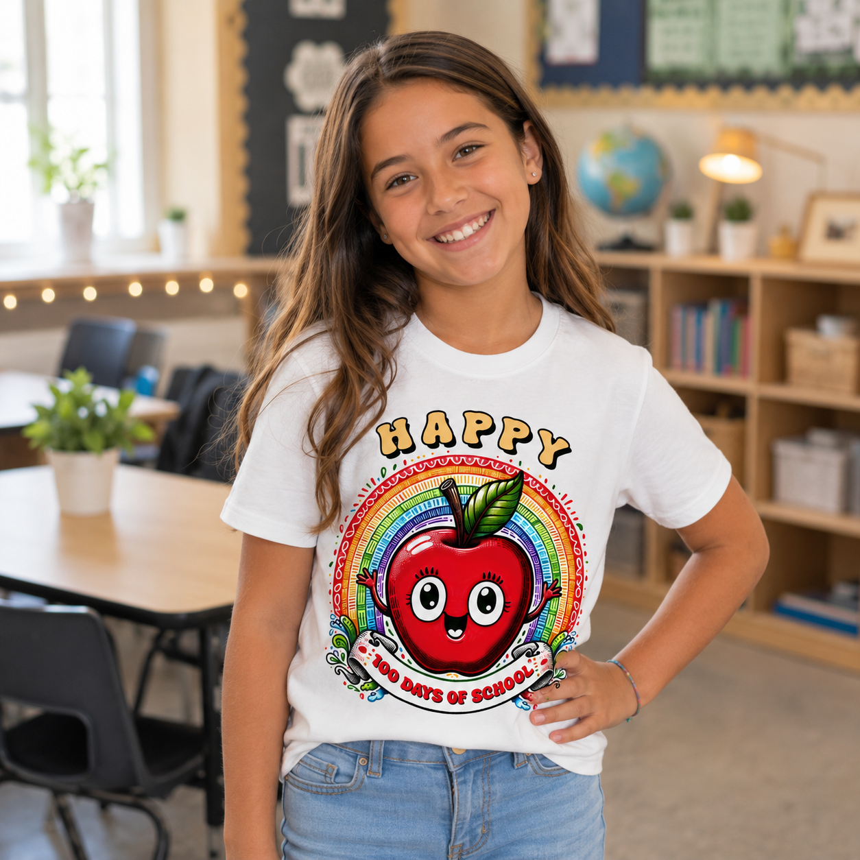 A smiling young girl stands in a classroom wearing a white graphic t-shirt with a colorful red apple and rainbow design that reads 'HAPPY 100 DAYS OF SCHOOL'.