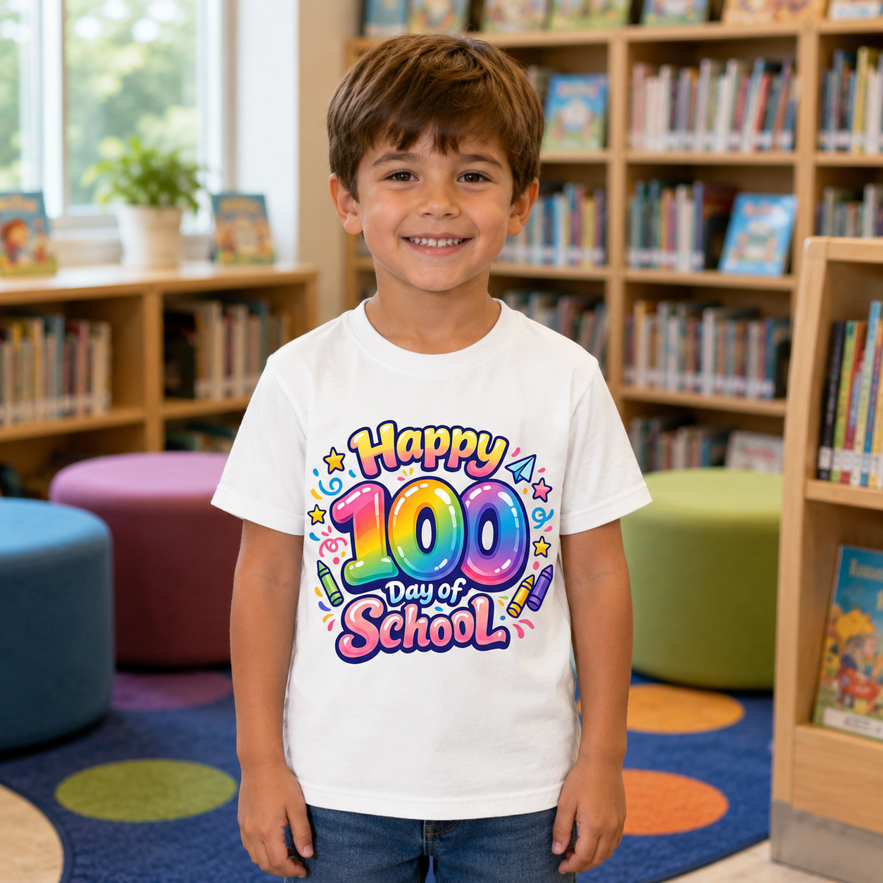 A smiling young boy stands in a library wearing a white t-shirt with a colorful 'Happy 100 Day of School' graphic print. The background shows wooden bookshelves filled with books and colorful round ottomans.