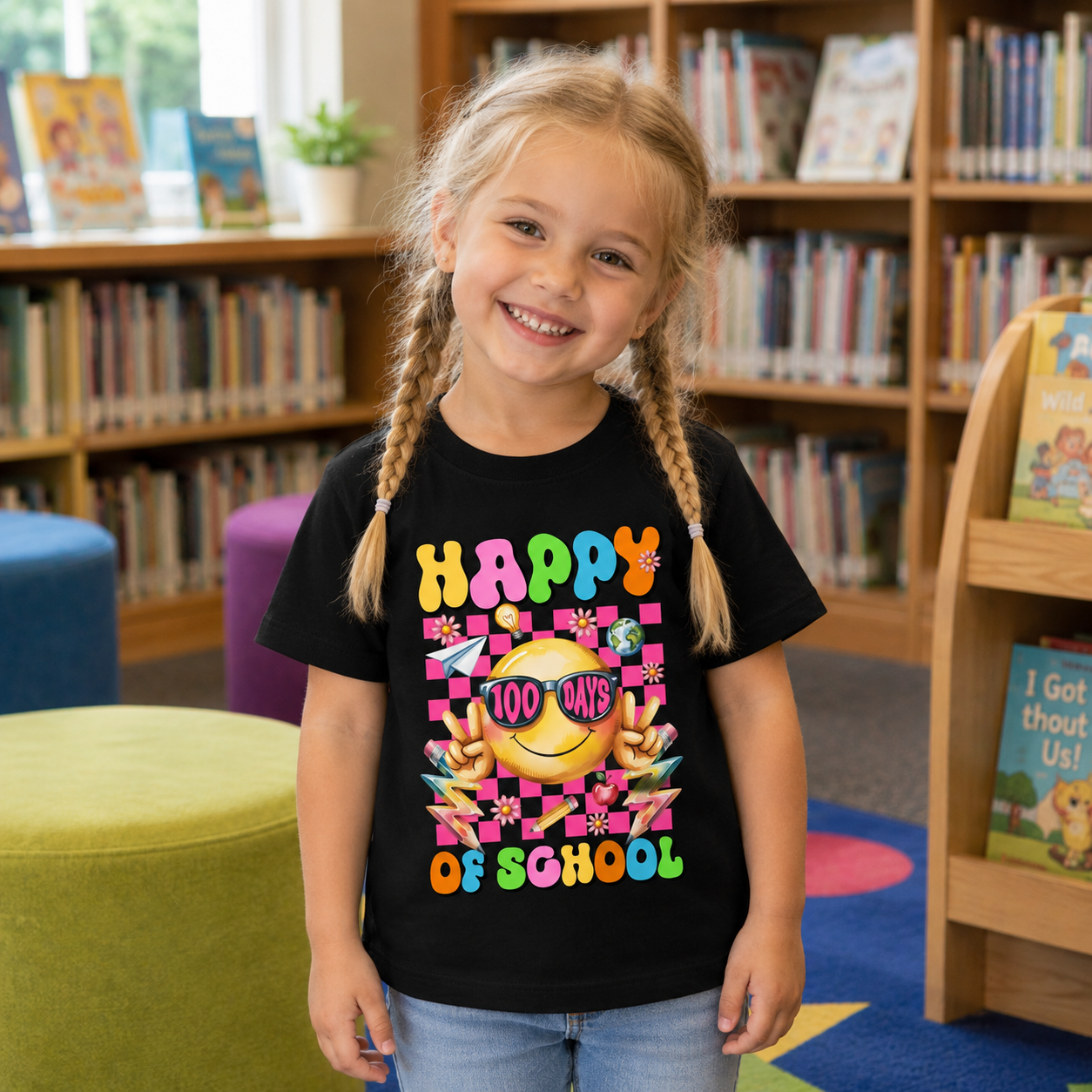 A young girl with blonde pigtails stands in a library wearing a black graphic t-shirt that reads 'HAPPY OF SCHOOL' with a yellow smiley face and colorful checkered pattern. The background shows wooden bookshelves filled with books.