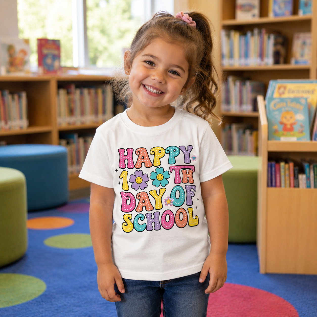 A young girl with curly brown hair stands in a children's library wearing a white graphic t-shirt that reads 'HAPPY 100TH DAY OF SCHOOL' in colorful bubble letters, paired with blue jeans.