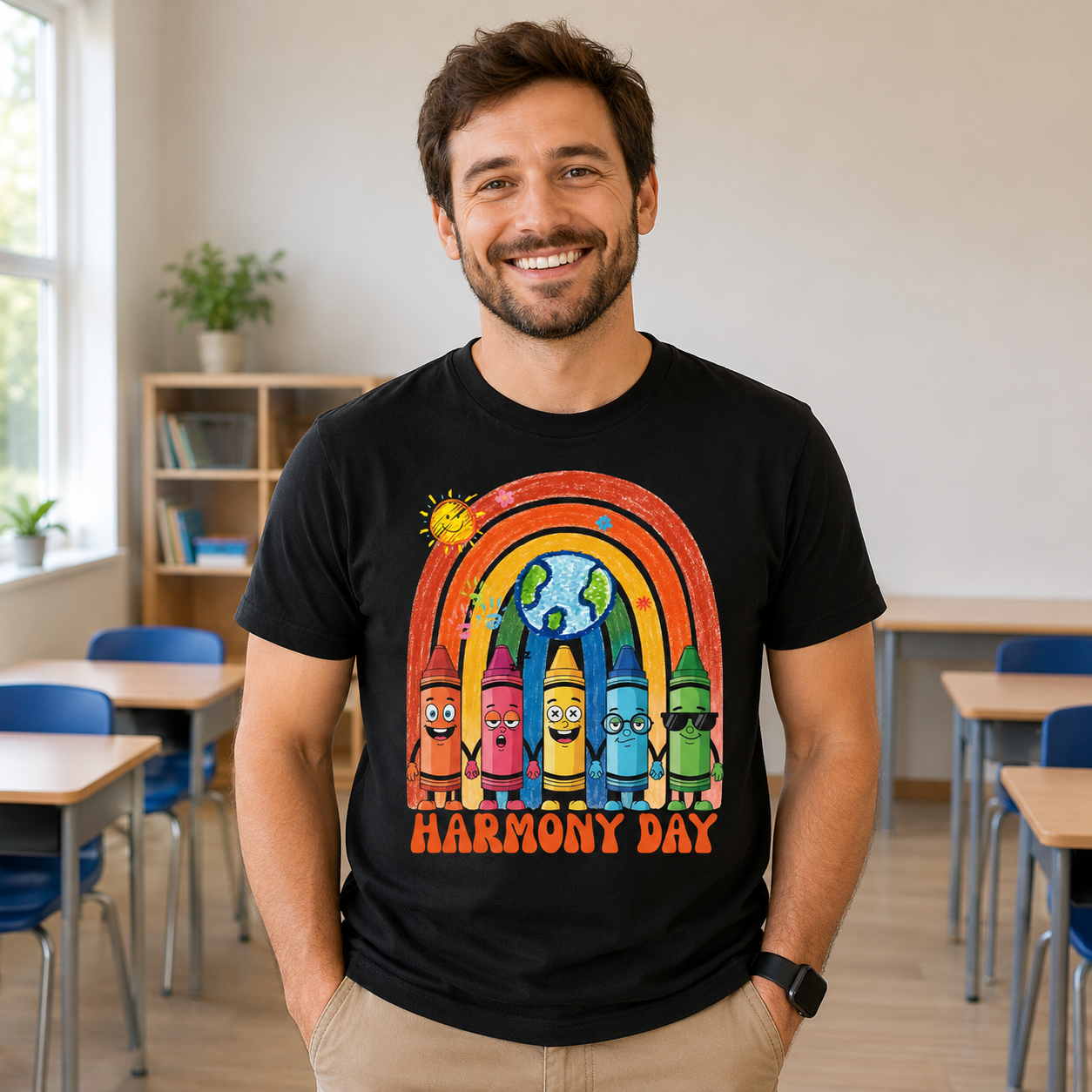 teacher wearing crayon harmony day tshirt