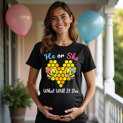 Woman wearing a black t-shirt with pregnancy announcement text, standing on a porch with balloons.