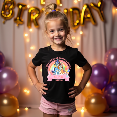 This Episode is Called… personalised Bluey inspired birthday tshirt with custom name and age