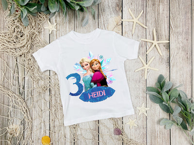 Elsa and Anna Frozen themed t-shirt for kids, birthday party outfit, soft and comfortable.