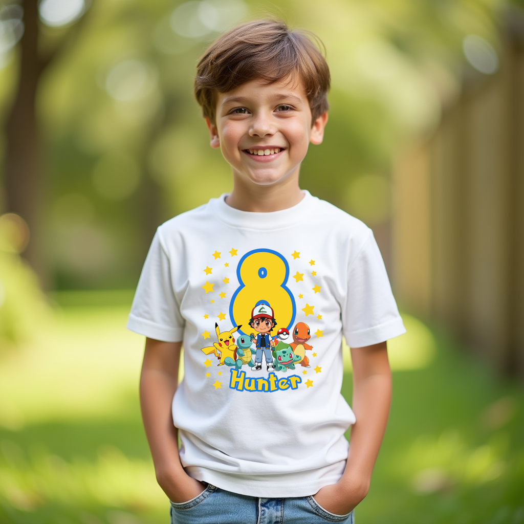 Child wearing a white t-shirt with a pokemon birthday design outdoors