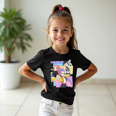 Black Huntrix anime t-shirt with colorful retro anime characters