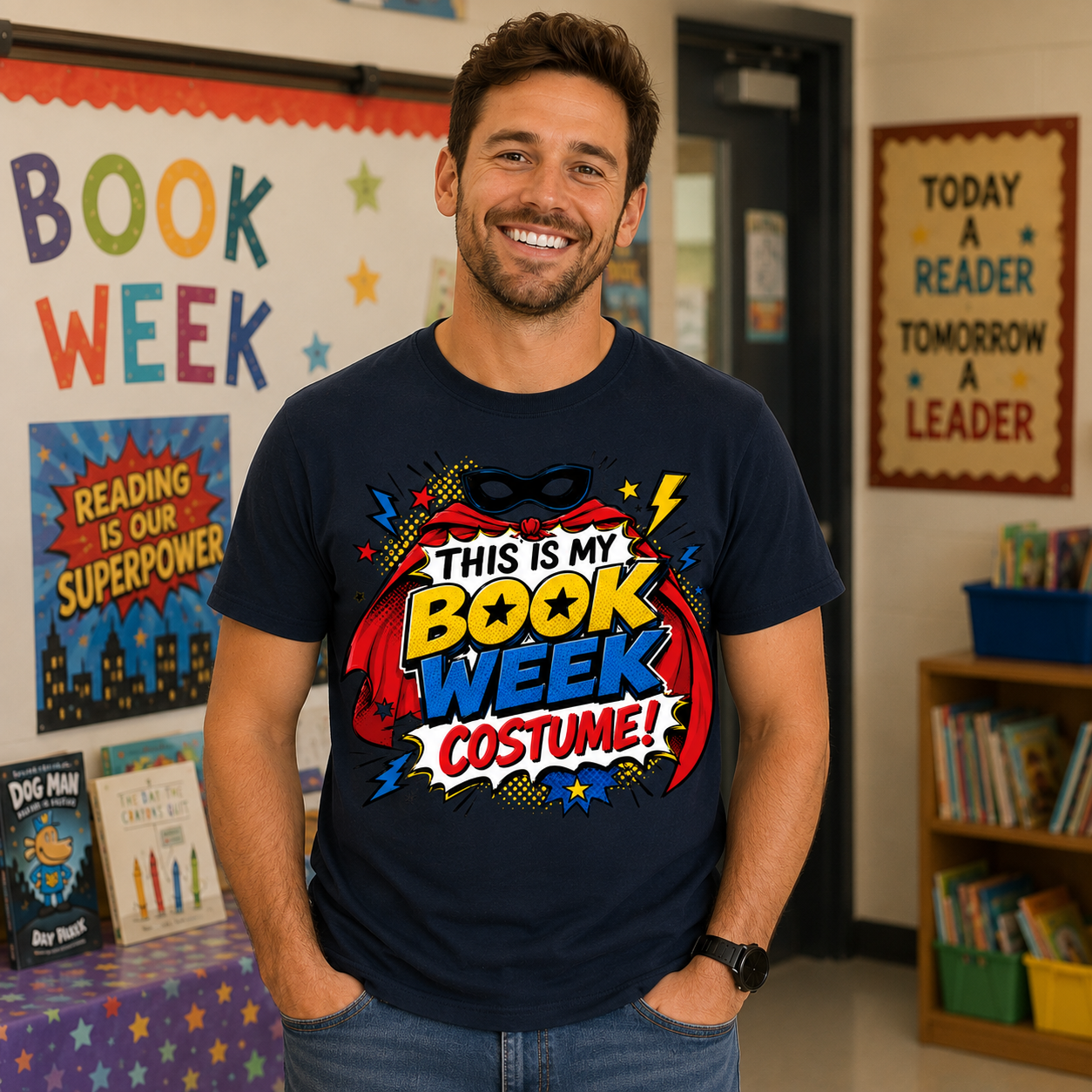 A smiling man wearing a navy blue graphic t-shirt with a colorful 'Book Week Costume' superhero design, standing in a classroom setting with book-themed posters on the wall.