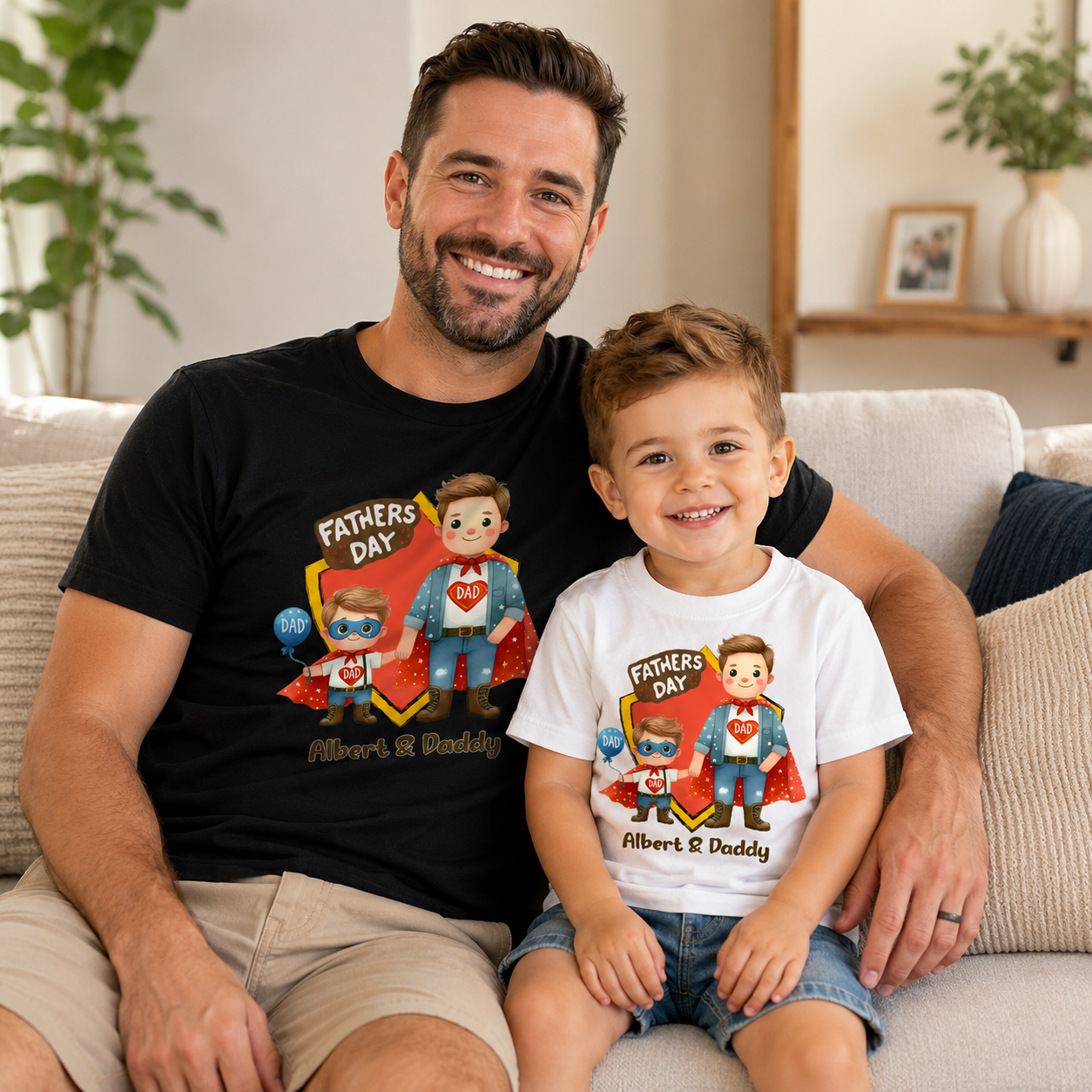 A man and a young boy sitting together on a beige couch, both wearing matching custom 'Fathers Day' graphic t-shirts featuring a cartoon superhero design. The man wears a black t-shirt, and the boy wears a white t-shirt.
