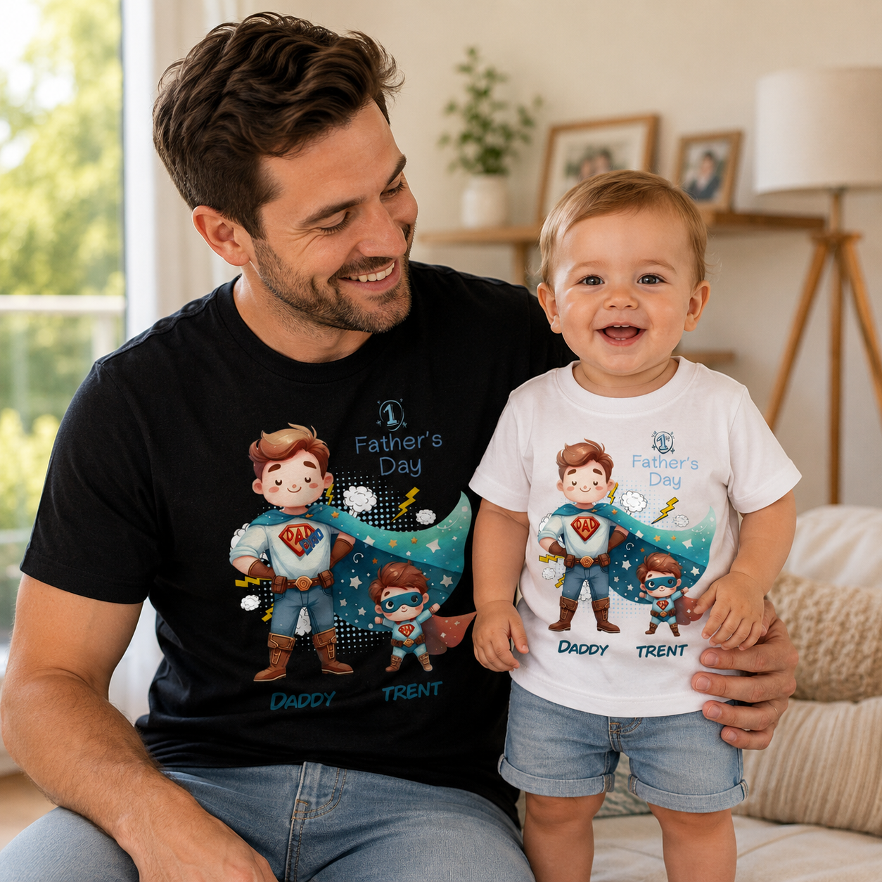 A man and a toddler sit together on a couch wearing matching Father's Day graphic T-shirts. The man wears a black T-shirt and the child wears a white T-shirt, both printed with a cartoon superhero design and the text 'Father's Day' and 'Daddy Trent'.