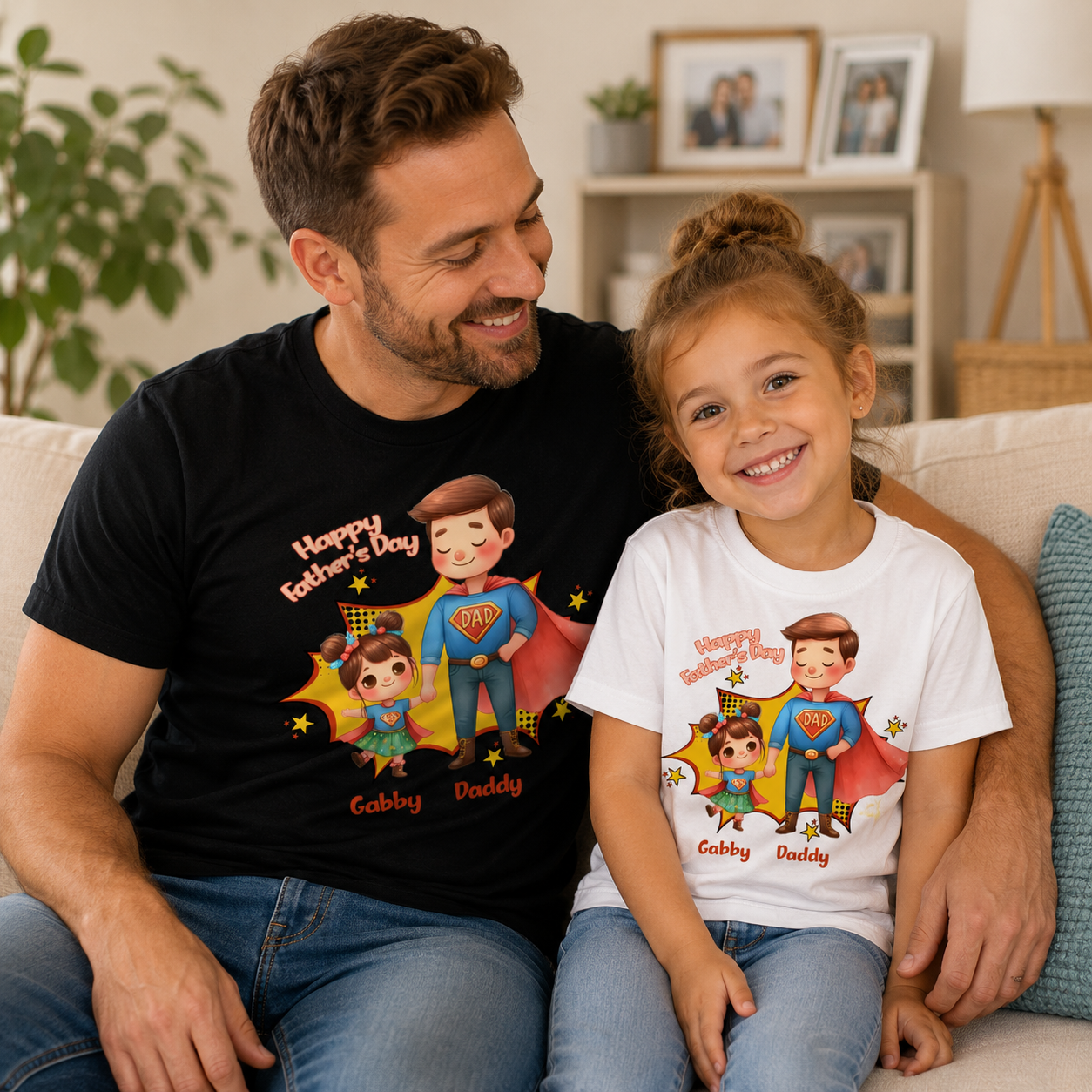 A man and a young girl sit together on a couch wearing matching graphic T-shirts. The man wears a black shirt with a colorful cartoon superhero and child design plus the text 'Happy Father's Day' and 'Cobby Daddy.