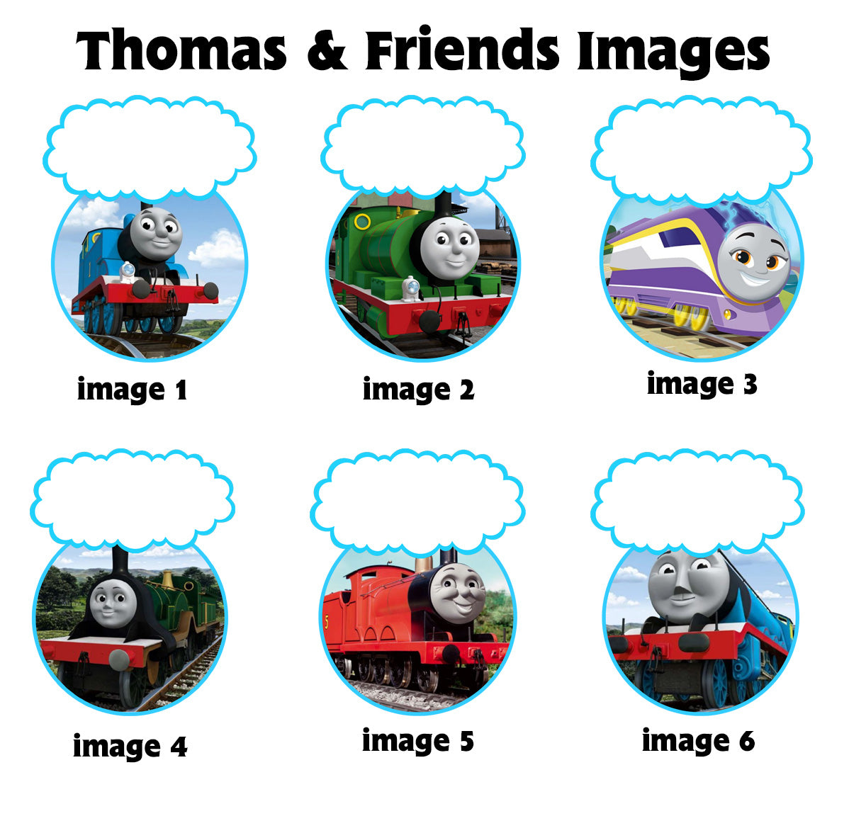 Design options for Thomas & Friends birthday t-shirts featuring train characters