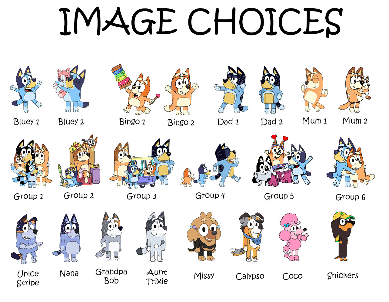 Collection of cartoon characters with labels on a white background