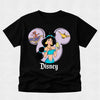 Black t-shirt with Disney character design featuring Jasmine and Aladdin on a light gray background