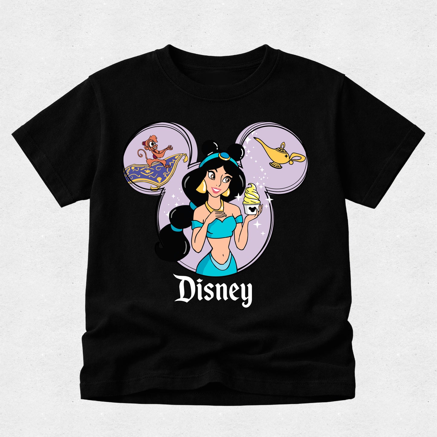 Black t-shirt with Disney character design featuring Jasmine and Aladdin on a light gray background