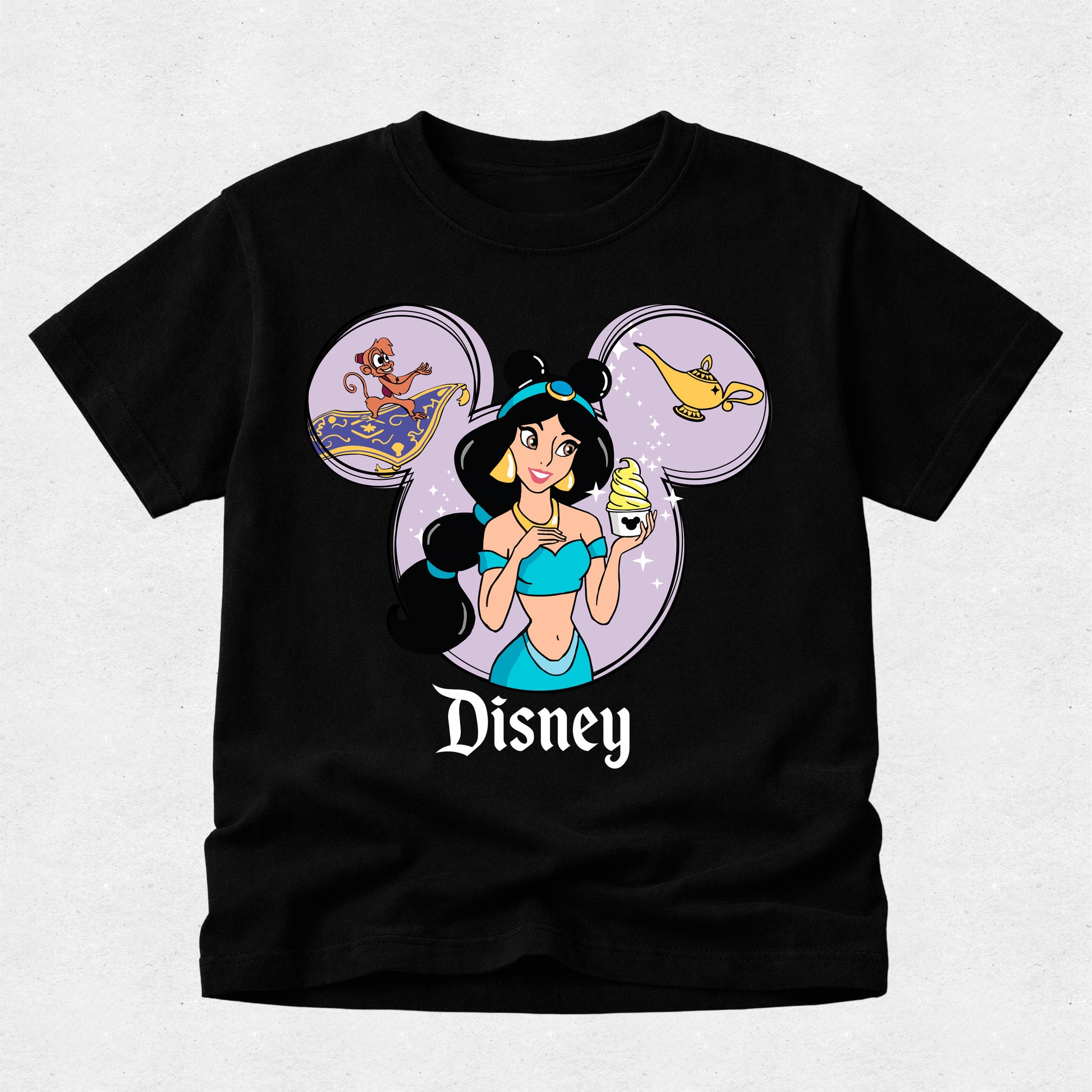 Black t-shirt with Disney character design featuring Jasmine and Aladdin on a light gray background