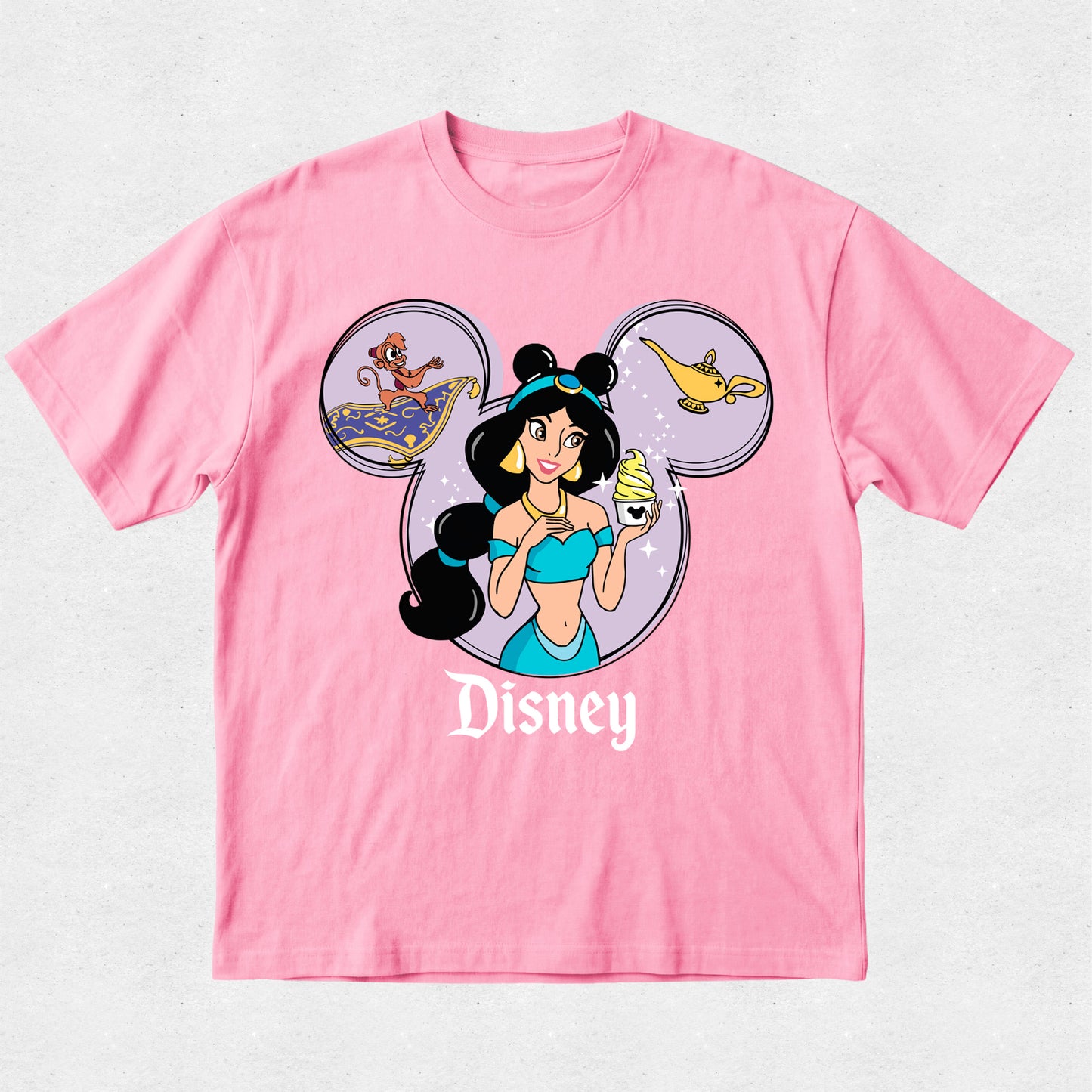Pink t-shirt with Disney character design on a light gray background