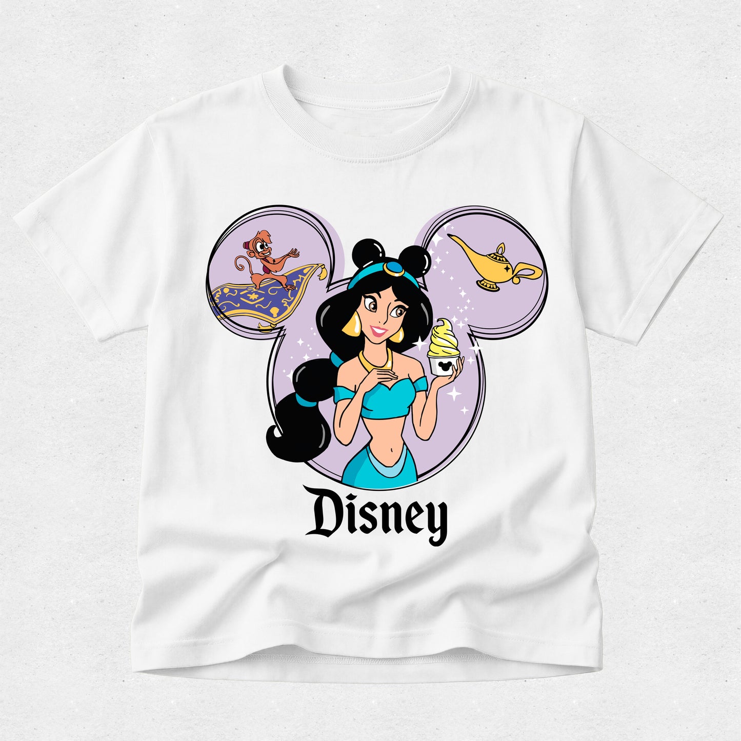 White t-shirt with Disney character design featuring Jasmine from Aladdin.
