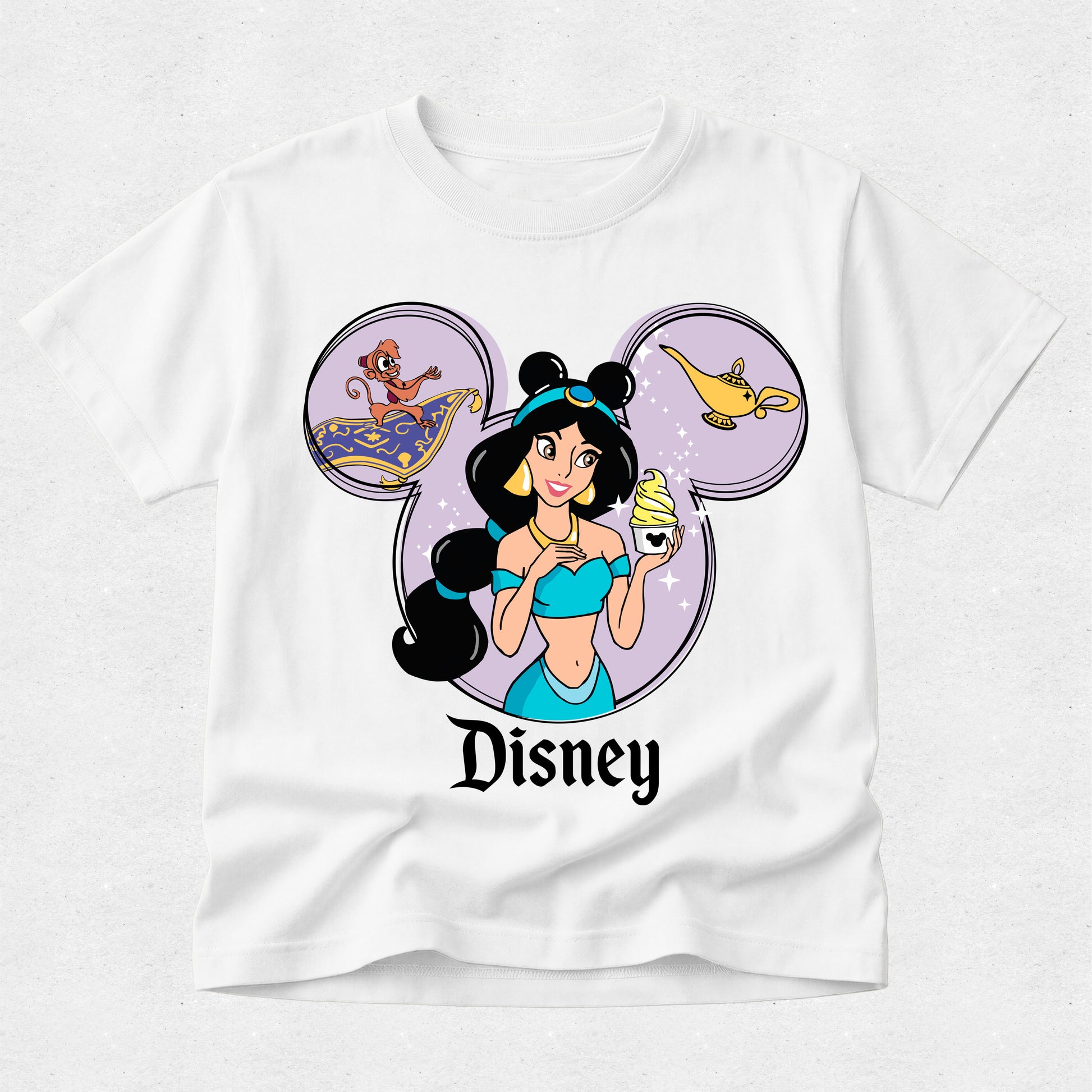 White t-shirt with Disney character design featuring Jasmine from Aladdin.