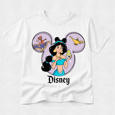 White t-shirt with Disney character design featuring Jasmine from Aladdin.