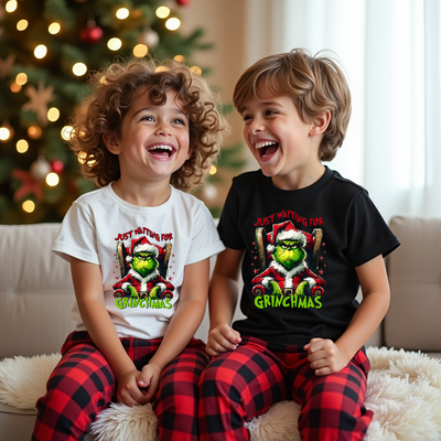 Lifestyle image of model wearing Just Waiting for Grinchmas tee at a holiday party.